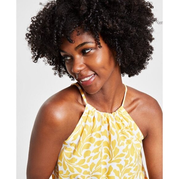 BAR III Women's Leaf-Print Yellow and White Silky Halter-Neck Sleeveless Top NWT - Picture 2 of 7
